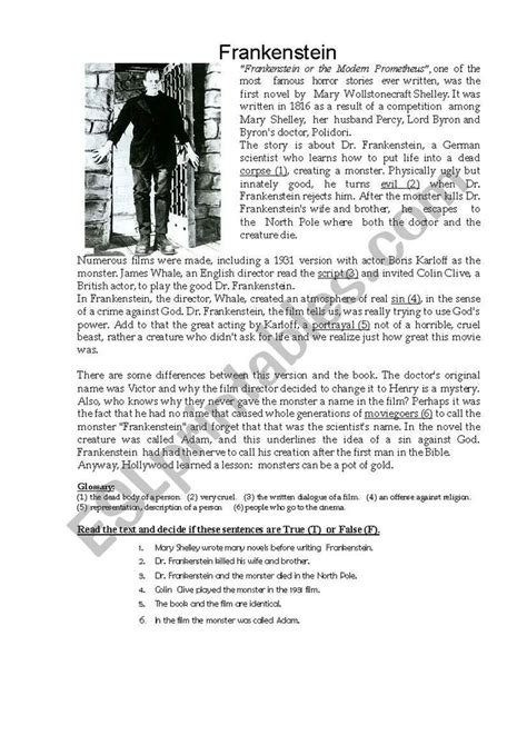 Frankenstein Reading Comprehension Exercise Esl Worksheet By