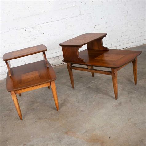 Mid Century Modern Pair Lane Step End Tables With Inlaid Walnut Burl