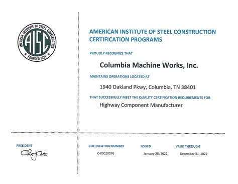 Columbia Machine Works Achieves Aisc Certification Columbia Machine Works