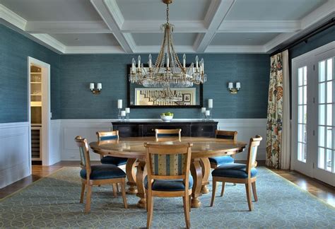Blue Grasscloth Wainscoting Coffered Ceiling French Doors