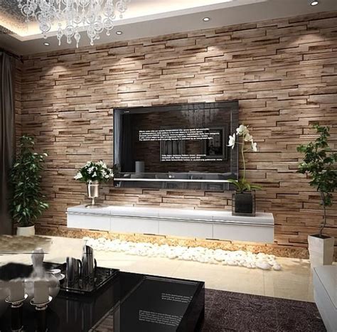 Find images of modern living room. Modern rustic wood blocks brick wall effect vinyl ...