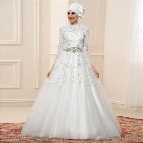 2016 Long Sleeves Muslim Wedding Dresses Hijab High Neck White Bridal
