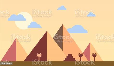 Egypt Pyramids With Palms In Desert Flat Design Travel Concept Famous Sunset Vector Illustration