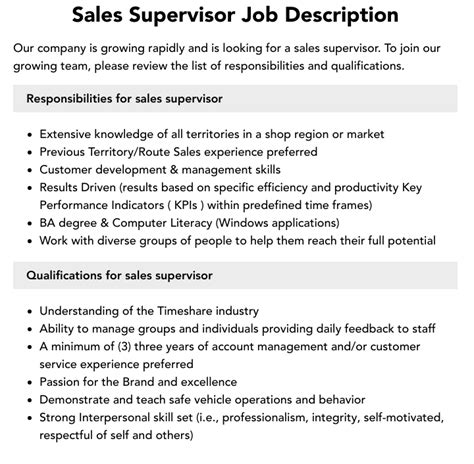 Sales Supervisor Job Description Velvet Jobs