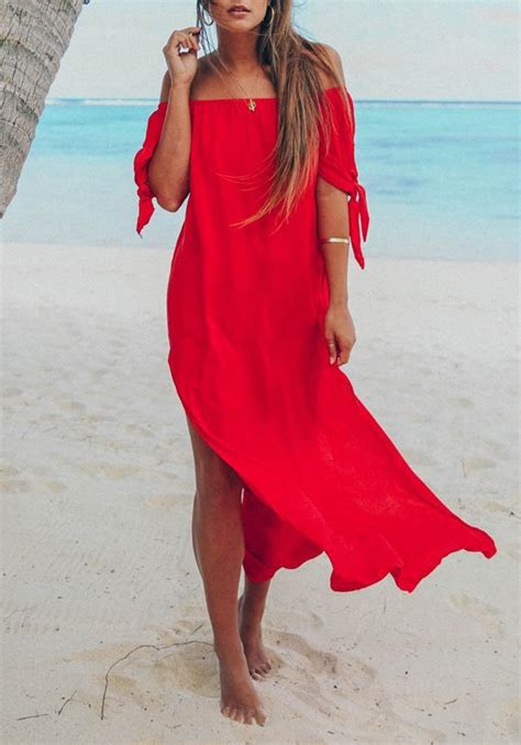 Red Side Slit Off Shoulder Backless Flowy Bohemian Beach Wedding Party