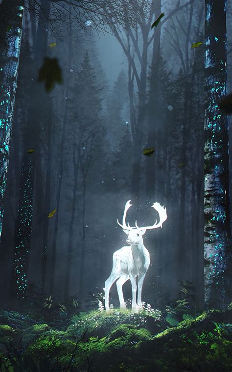 Download Wallpaper 800x1280 Deer Forest Night Glow Art Grass