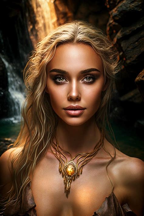 A Woman With Long Blonde Hair Standing In Front Of A Waterfall Wearing A Gold Necklace