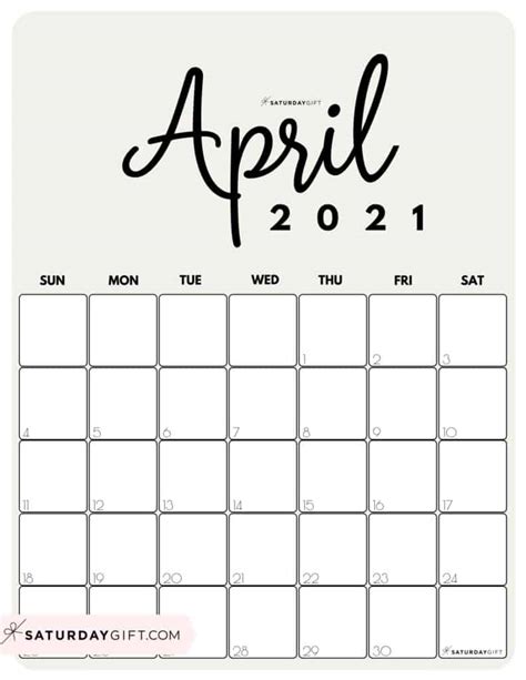 Ideal for use as a work calendar, church calendar, planner, scheduling reference, etc. Cute (& Free!) Printable April 2021 Calendar | SaturdayGift