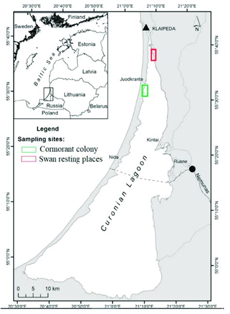Hotels and lodging curonian lagoon. Map of the Curonian Lagoon with the areas indicated where ...