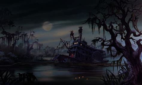 A Painting Of A Ship In The Middle Of A Swampy Area With Trees And Water