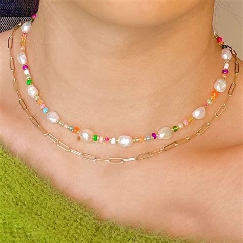 Beaded Pearl Necklace Freshwater Pearl Necklace Gold Etsy