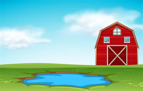 Red Barn And Pond Farm Scene 298921 Vector Art At Vecteezy