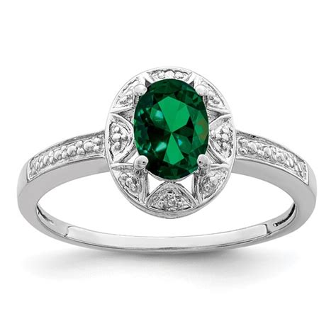 Sterling Silver 85 Ct Oval Created Emerald Ring With Diamond Accents