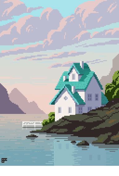 House Near The Lake Credit 8bit Noob Pixel Art Landscape Pixel Art