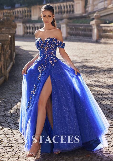 A Line Princess Tulle Prom Dress Off The Shoulder Sweep Train With Appliqued Sequins Split