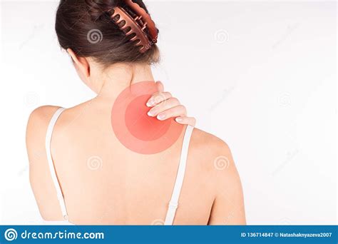 Muscle Spasm Woman With Neck And Shoulder Pain And Injury Back View