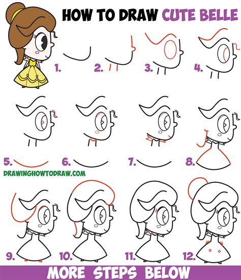 Disney Princess Drawing Step By Step - How to Draw Cute Kawaii Chibi Belle from Beauty and the Beast Easy Step