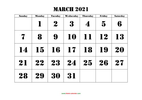 Free Download Printable March 2021 Calendar Large Font Design