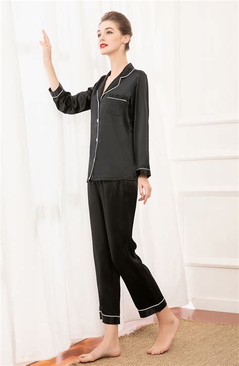 19mm 100 Women Long Sleeve Mulberry Silk Pajama Set Black Etsy