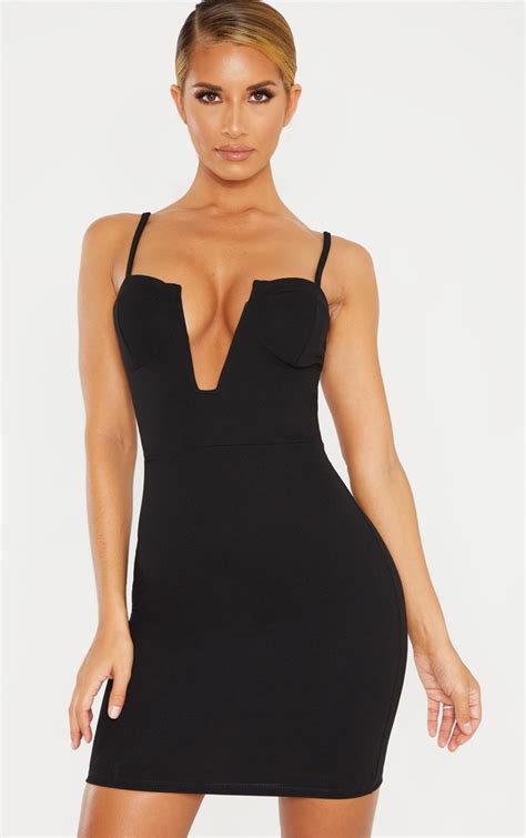 Black Strappy Deep Square Plunge Bodycon Dress Prettylittlething