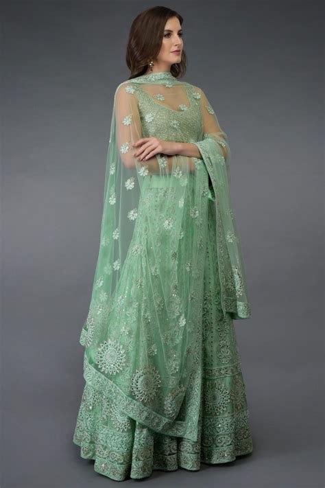 Mint Green Chikankari Kamdani And Zardozi Work Lehenga Cotton Dresses