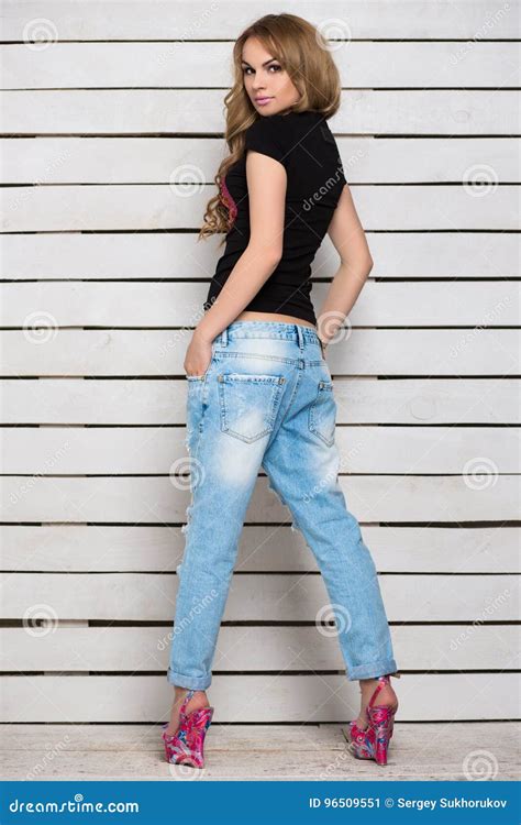 Young Woman Posing In Blue Jeans Stock Image Image Of Black Gorgeous