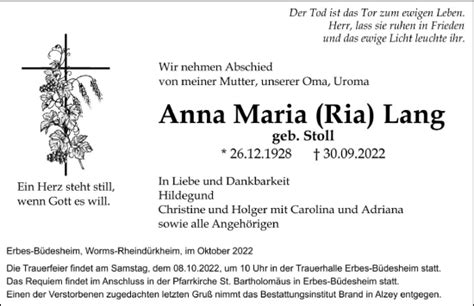 Traueranzeigen Von Anna Maria Lang Vrm Trauerde