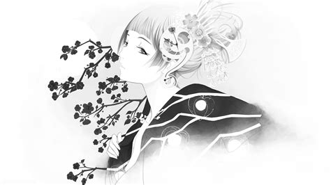 Fond Décran Illustration Monochrome Filles Anime Dessin Animé Kimono Main Esquisser