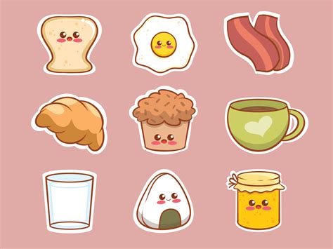 Set Of Cute Breakfast Food Cartoon Character Sticker Vector Art