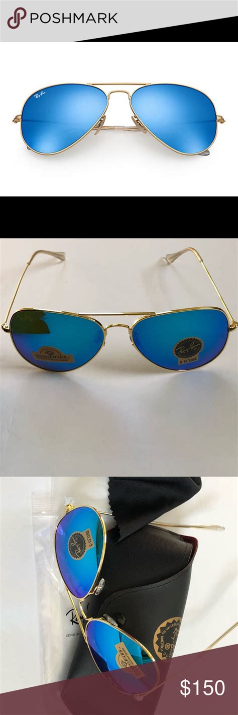 The sunglasses feature 24k gold. Ray Ban Aviator RB 3326 large metal blue sunglass ...