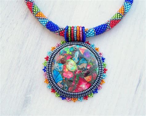 Bead Embroidery Necklace Pendant Beadwork With Rainbow Sea Etsy