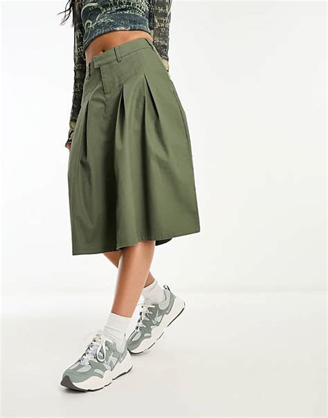 Asos Design Pleated Knee Length Skirt In Khaki Asos