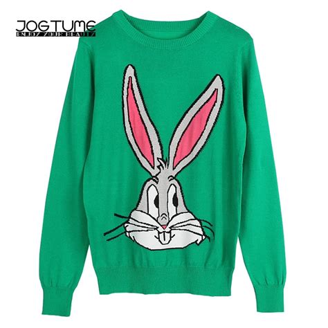 women s sweater green blue color fashion cartoon rabbit embroidery female knitted tops shirt