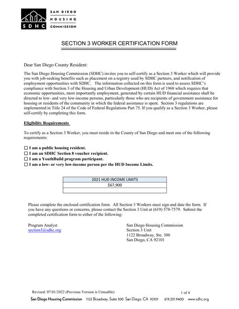 City Of San Diego California Section 3 Worker Certification Form