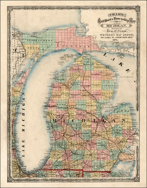 Crams Rail Road And Township Map Of Michigan 1875 Barry Lawrence