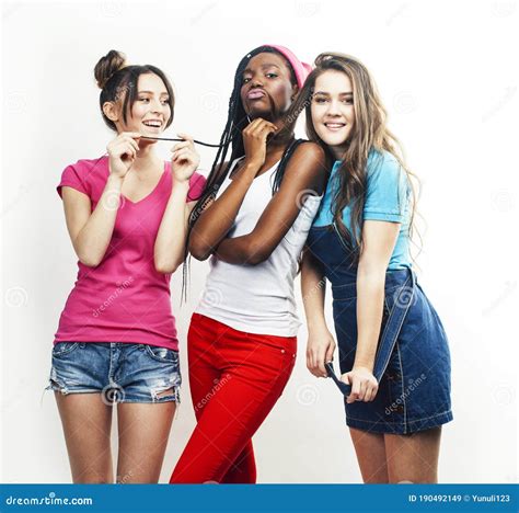 Diverse Multi Nation Girls Group Teenage Friends Company Cheerful