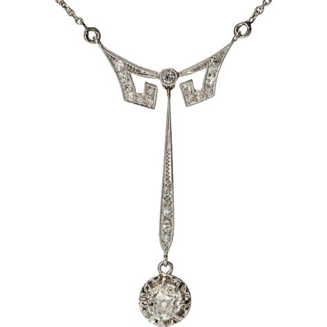 Antique Edwardian Diamond Pendant Necklace Platinum Over 18 K Yellow