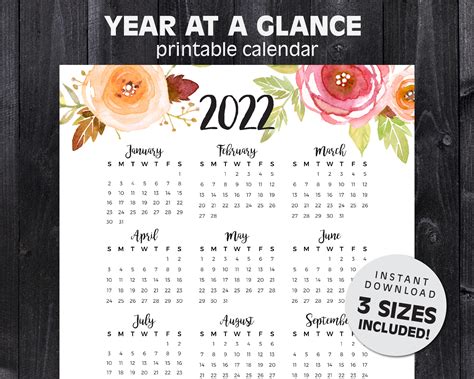 2022 year at a glance calendar watercolor roses