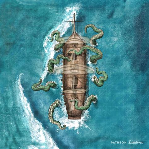 Deep Sea Kraken And Ship Map Hand Drawn In Photoshop Art Rdndmaps