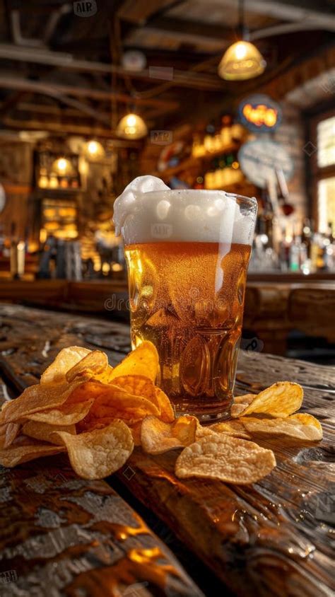 Frosty Beer With Potato Chips On A Wooden Table In A Cozy Rustic Bar