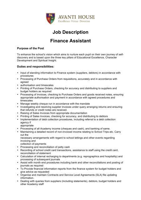 Finance Assistant Job Responsibilities Finance Assistant Job