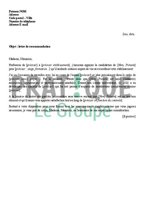 exemple de lettre de recommandation d'un prof pour un étudiant