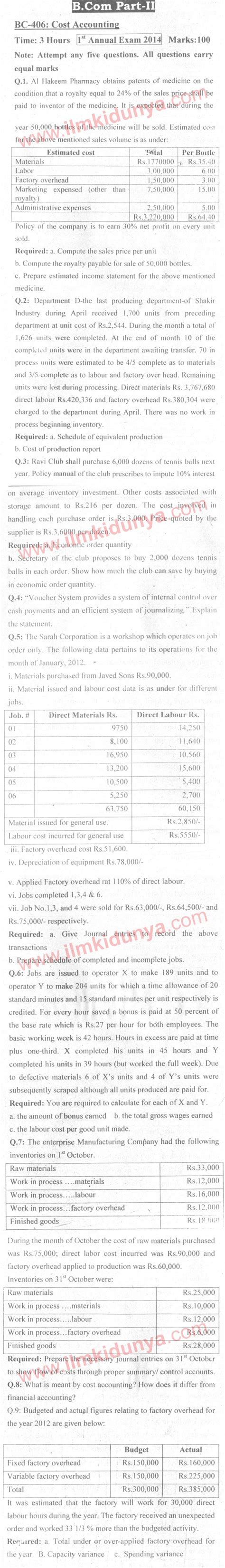 Introduction to financial accounting papers. Past Paper Sargodha University 2014 BCom Part 2 Cost ...