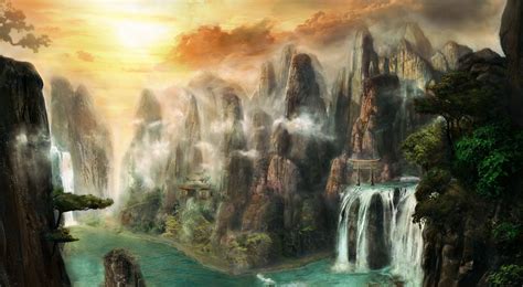 Digital Art Fantasy Art Nature Mountain Landscape Waterfall Trees