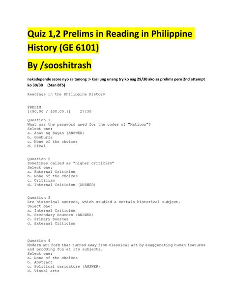 Reading In Philippine History Quiz Prelim Quiz Prelims In