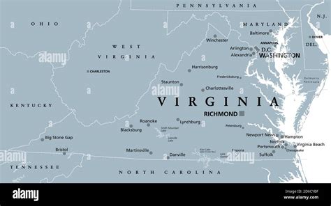 Virginia Va Gray Political Map Commonwealth Of Virginia State In