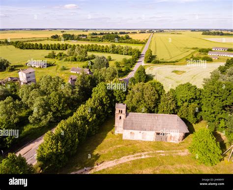 Drone Image Aerial View Of Rural Area With Old Abandoned Church