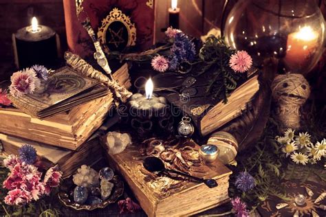 Still Life With Old Magic Books And Ritual Objects In Mystic