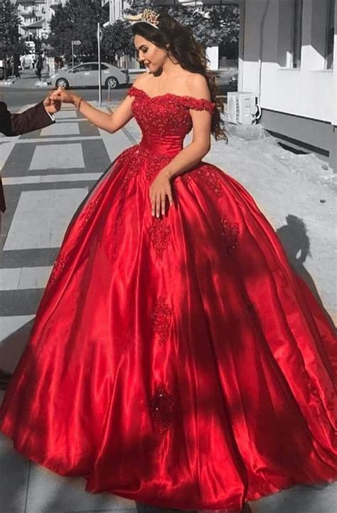 Ball Gown Off The Shoulder Sweep Train Red Prom Dress With Appliques