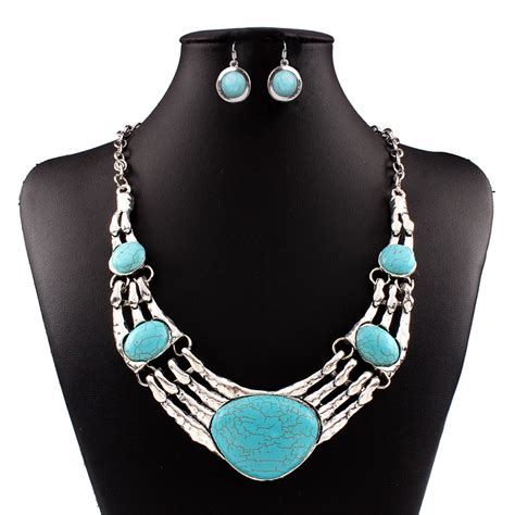 Gprince European Retro Vintage Pattern Oval Turquoise Necklace Earrings